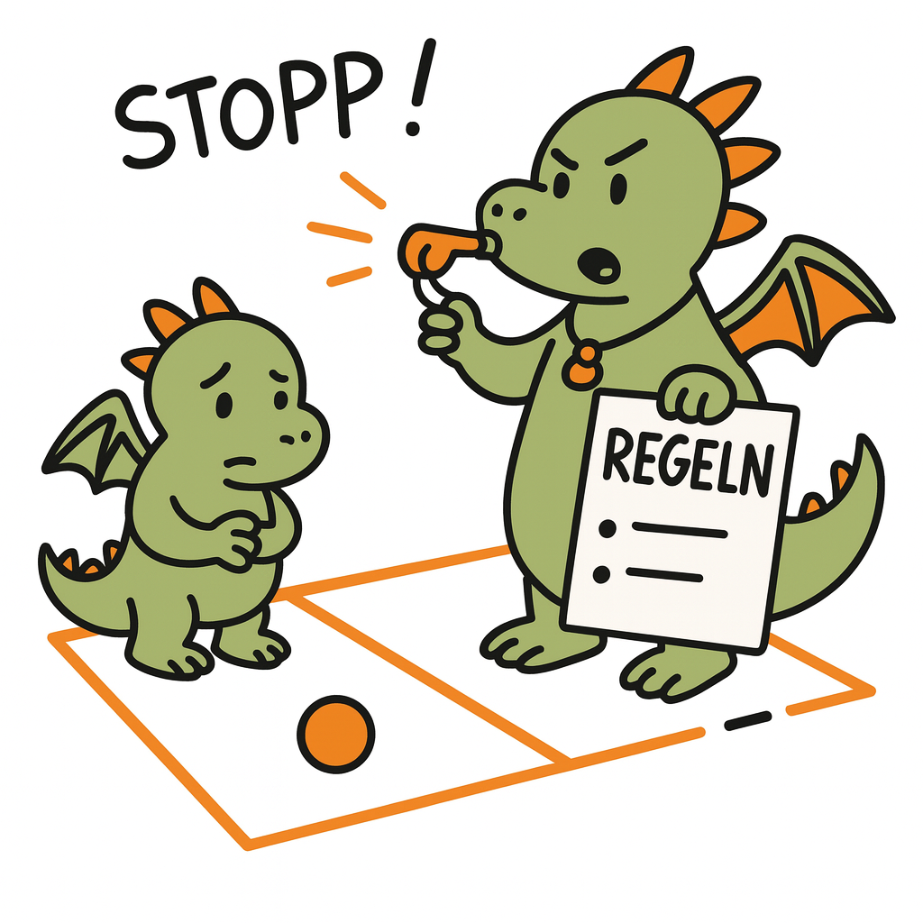 ein großer Comic-Drache pfeift mit einer Trillerpfeife Stop und hält einem kleinen Drachen die Regeln unter die Nase