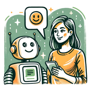 Illustration einer Frau, die mit einem freundlichen Roboter redet.