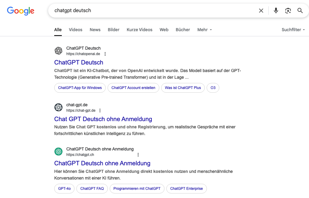 Das Bild zeigt die ersten 3 Treffer einer Google-Suche nach ChatGPT deutsch.