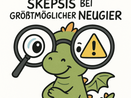 niedlicher Comic-Drache mit Brille und zwei Gläsern: Eines mit Lupe für Neugier und eines mit Warnzeichen für Skepsis. Überschrift: Mit größtmöglicher Skepsis bei größtmöglicher Neugier