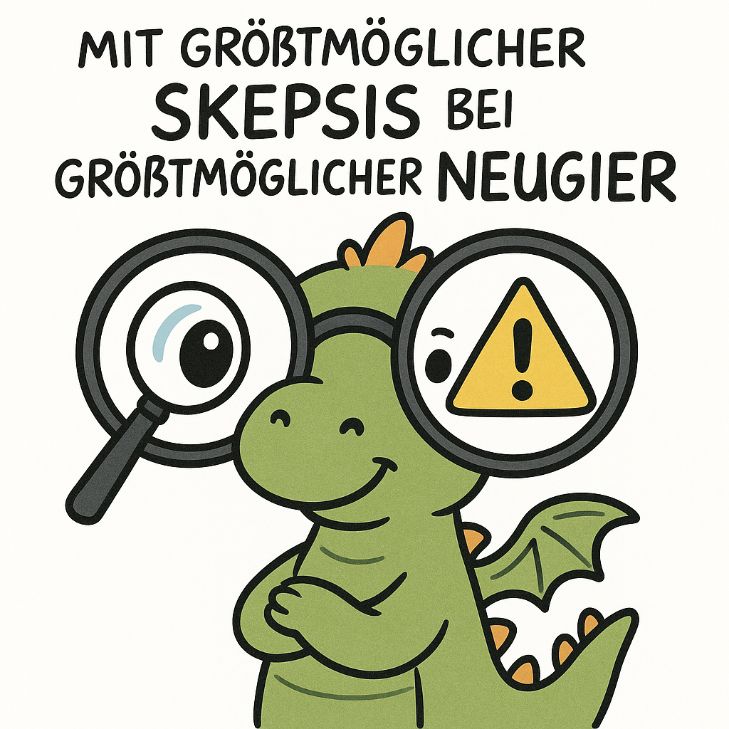 Ein freundlicher Comicdrache schaut durch eine zweitgeteilte Brille: Links eine Lupe für Neugier, rechts ein Warnzeichen für Skepsis
