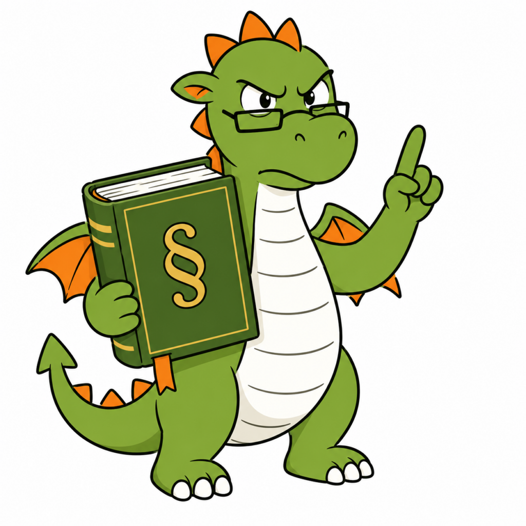 ein strenger Comic-Drache mit Gesetzbuch