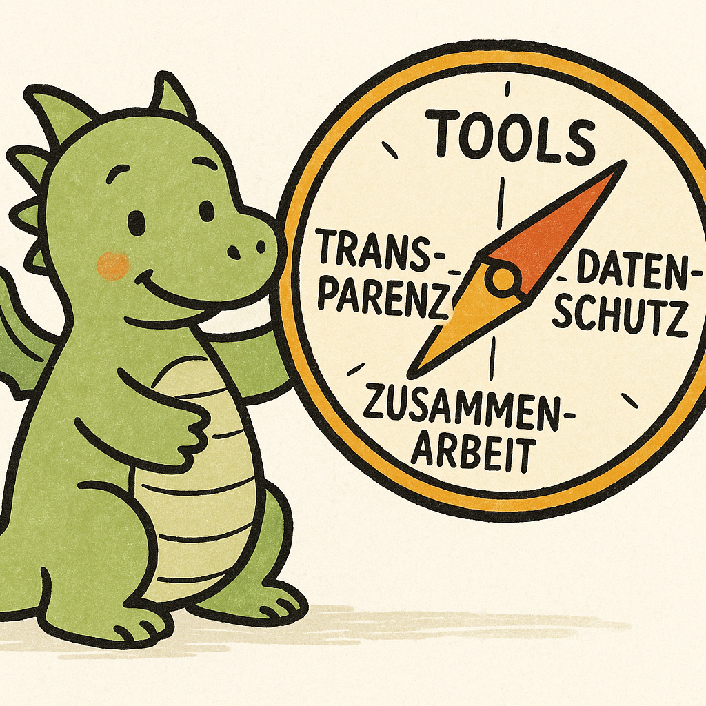 Cartoon-Drache mit Kompass und den Himmelsrichtungen: Tools, Transparenz, Datenschutz und Zusammenarbeit