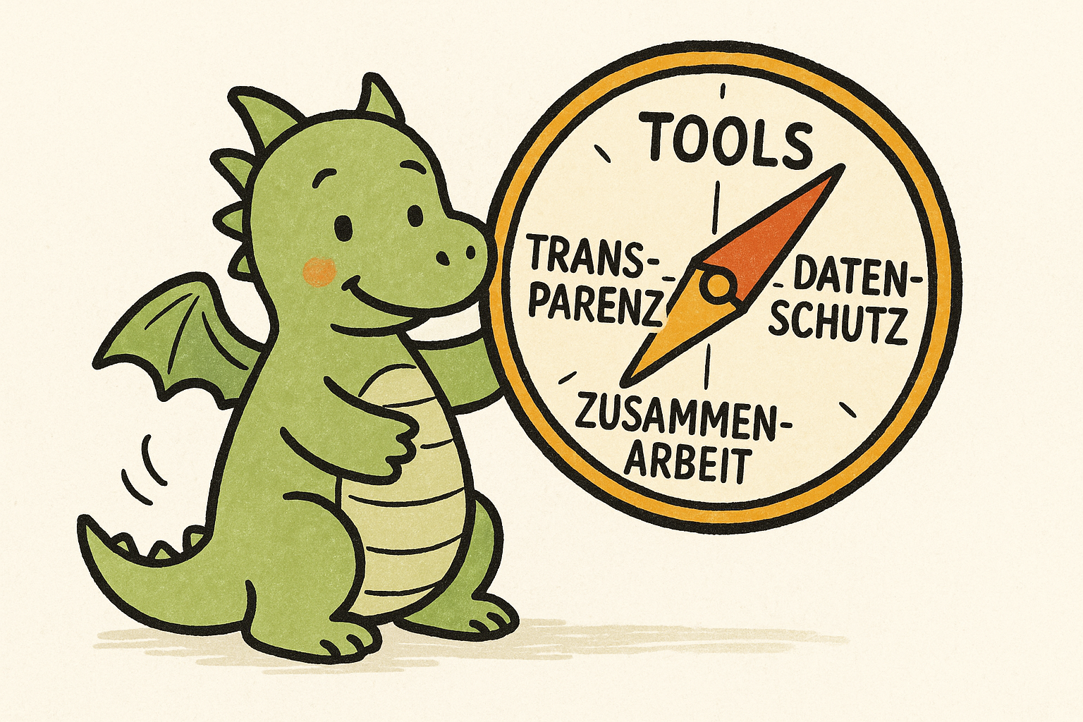 Cartoon-Drache mit Kompass als Symbol für KI-Leitlinien und den Himmelsrichtungen: Tools, Transparenz, Datenschutz und Zusammenarbeit