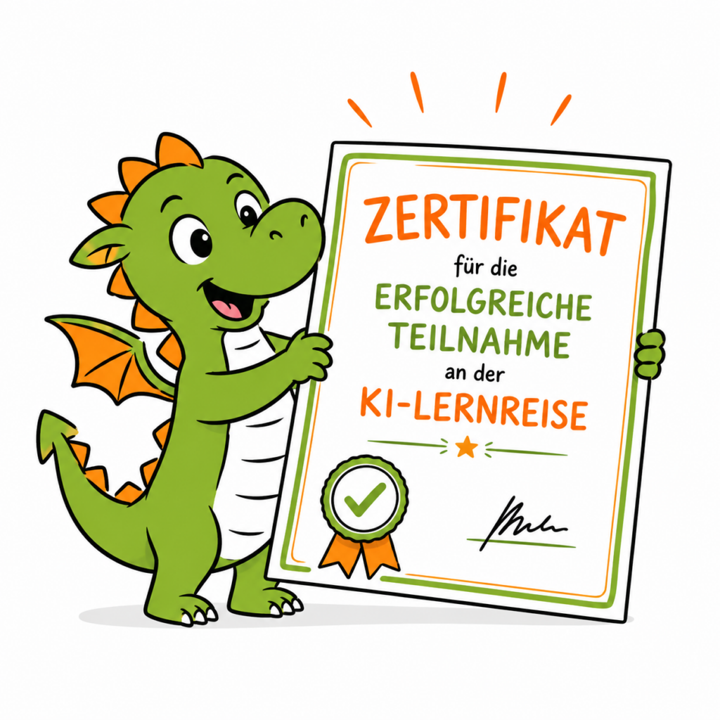 ein niedlicher Drache überreicht ein Teilnahme-Zertifikat