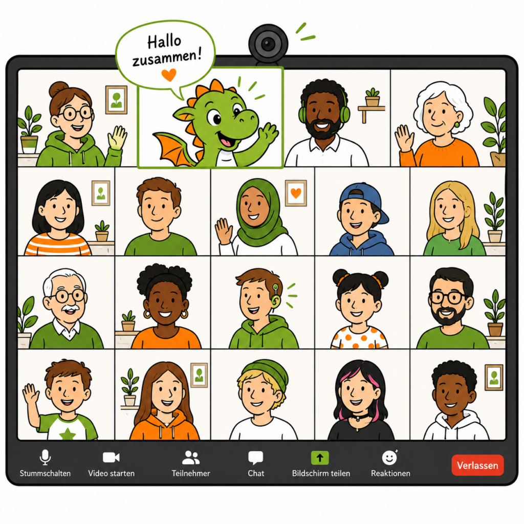 ein freundlicher Cartoon-Drache begrüßt eine Gruppe in einem Zoom-Meeting