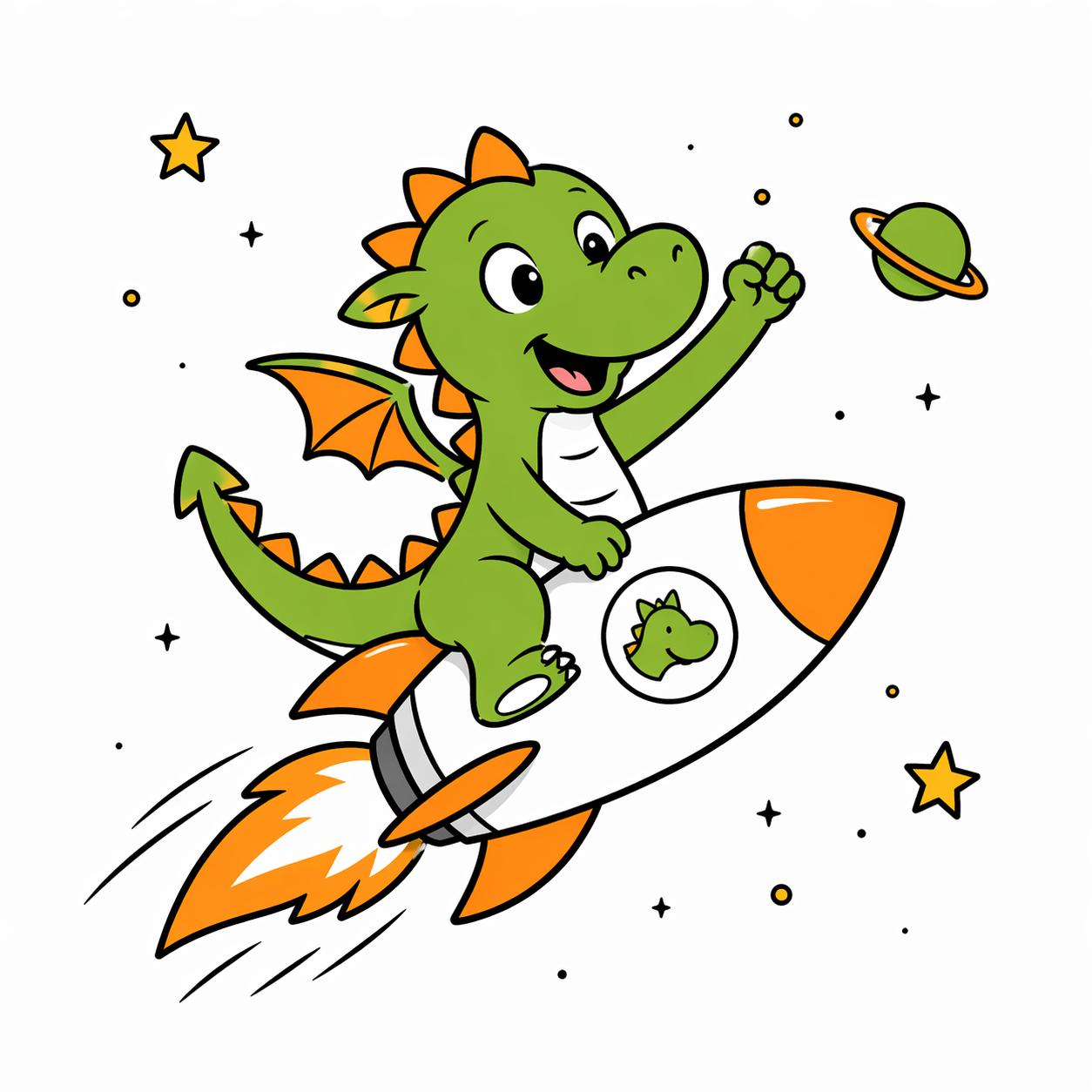 ein Drache fliegt auf einer Rakete