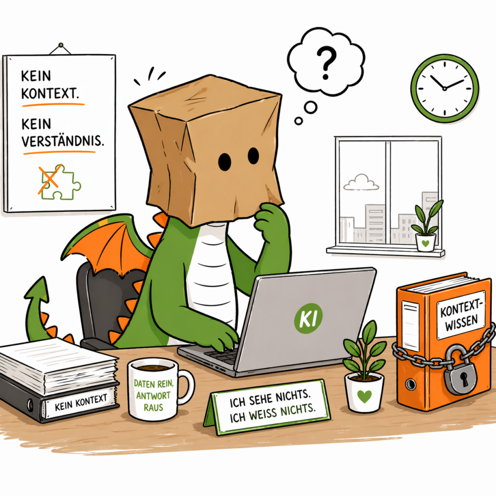 Ein Drache sitzt mit einer Papiertüte über den Kopf in einem Büro und sieht nichts von seiner Umgebung.