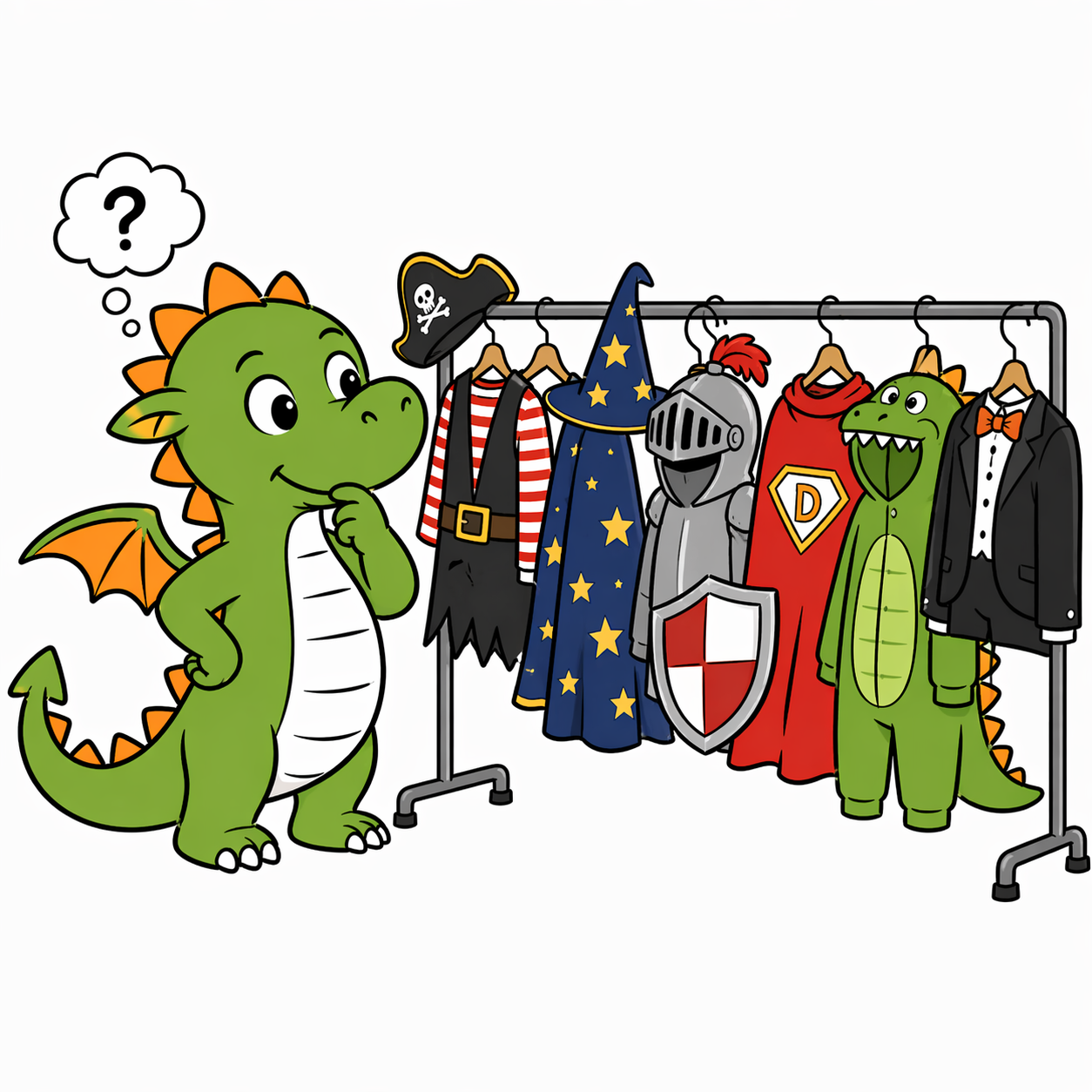 Ein Drache steht vor einem Kleiderständer mit Kostümen