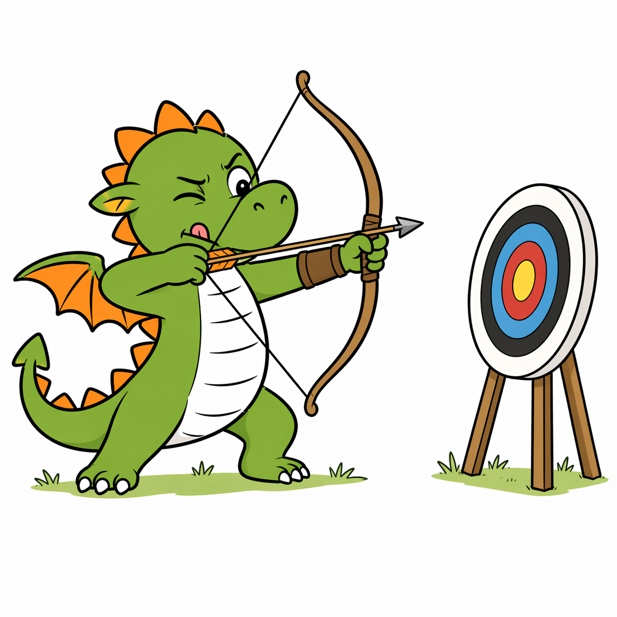 Ein Drache zielt mit Pfeil und Bogen auf ein Ziel