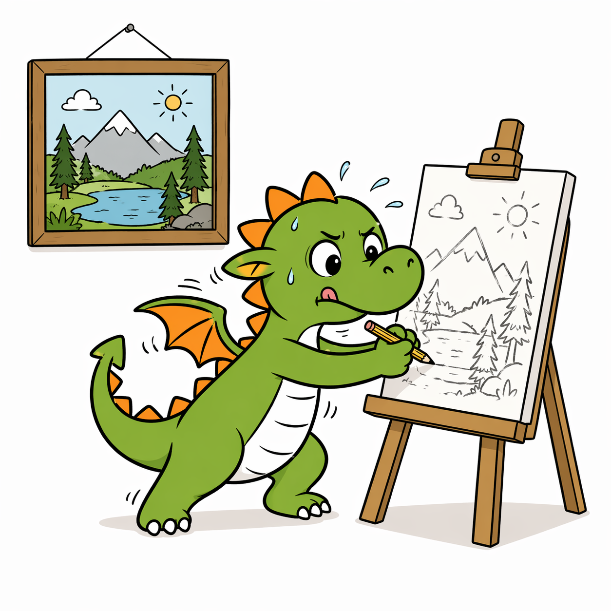 ein Drache versucht angstrengt ein Bild nachzuzeichnen