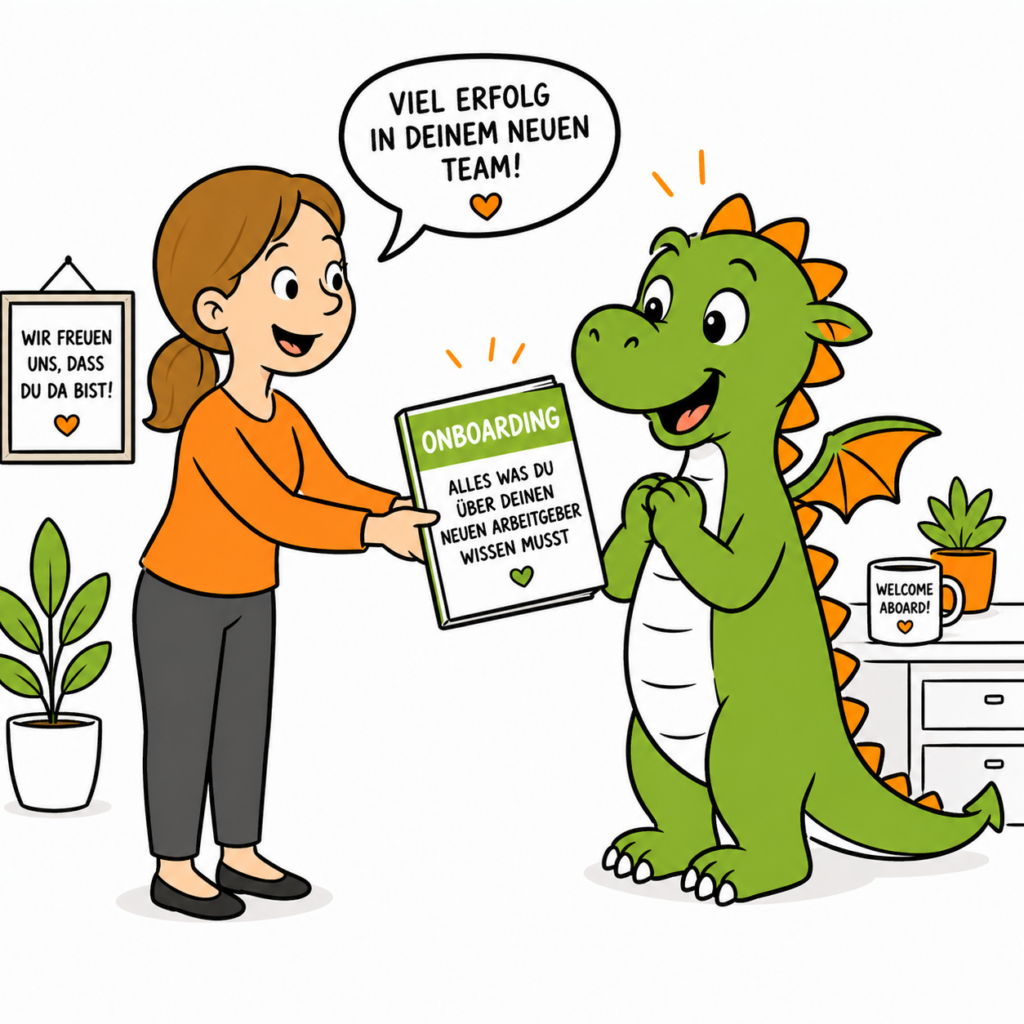 Ein Mensch übergibt einem Drachen eine Onboarding-Broschüre