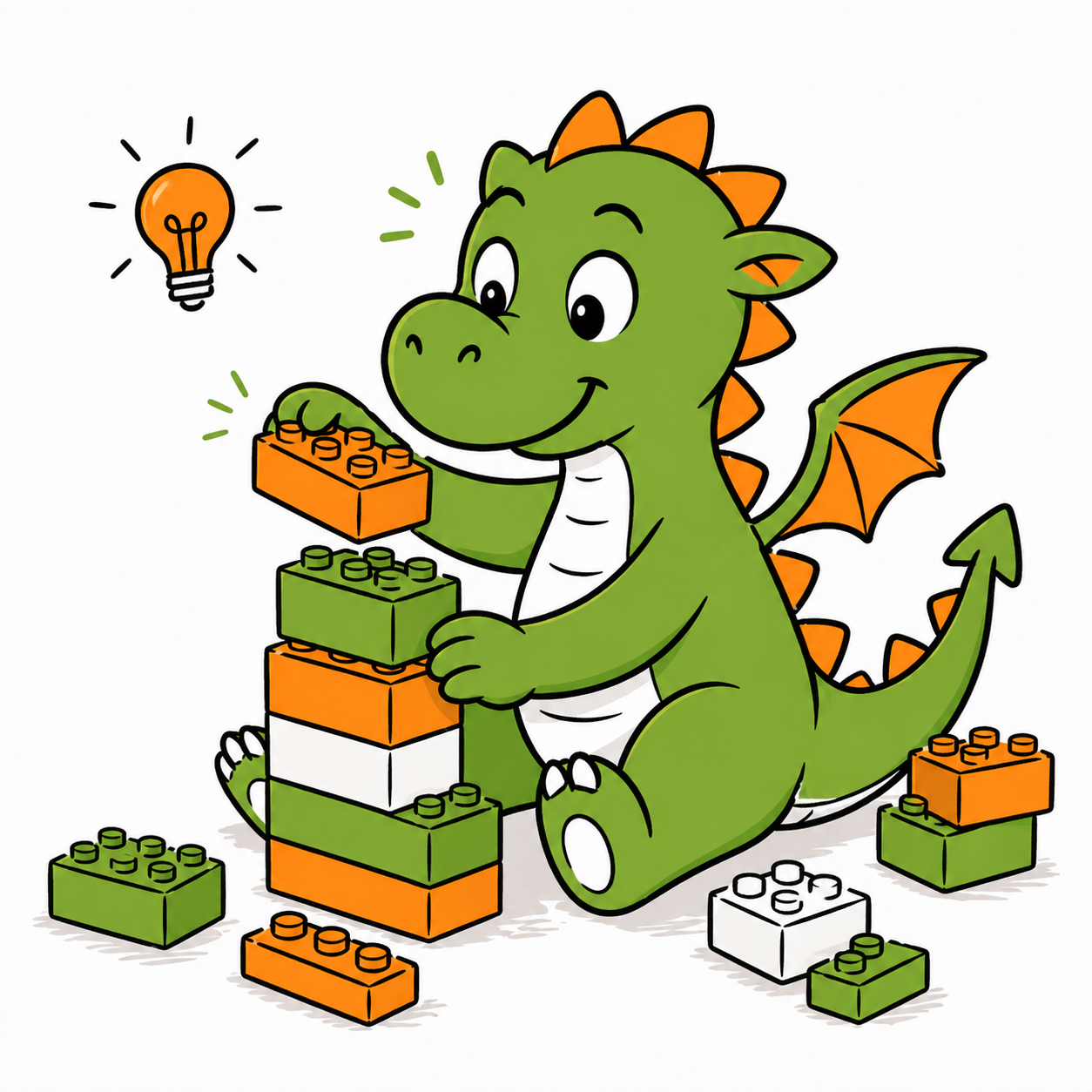 ein Drache baut mit Legosteinen