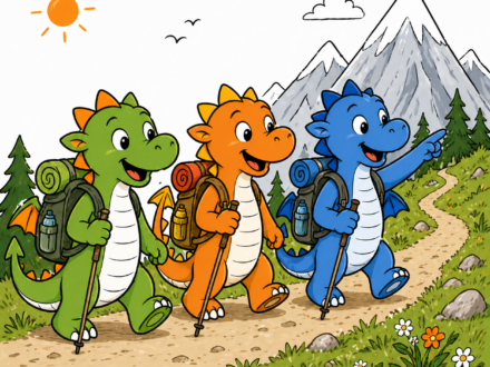drei niedliche Drachen wandern in den Bergen