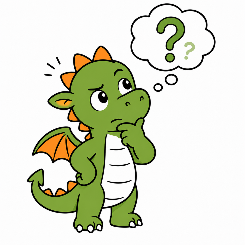 ein niedlicher Drache mit einem großen Fragezeichen über sich