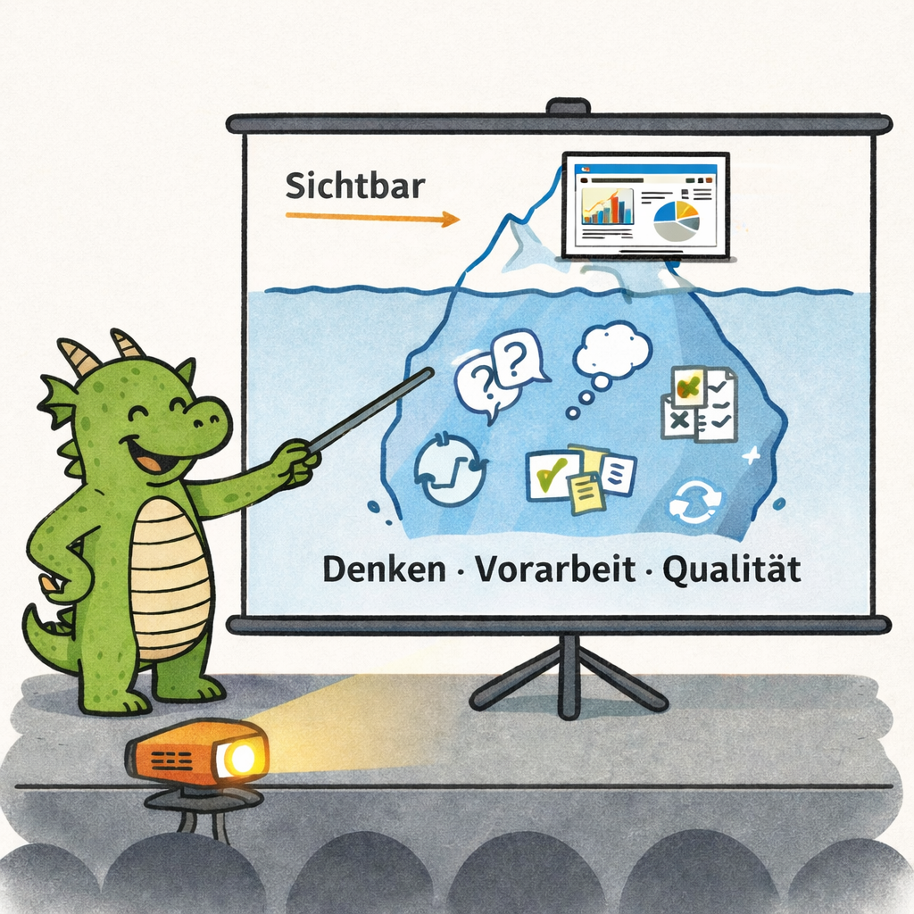 ein Drache präsentiert eine Präsentation mit einem Eisberg: Die Spitze ist die Präsentation, aber darunter steckt die Vorarbeit für die Qualität.
