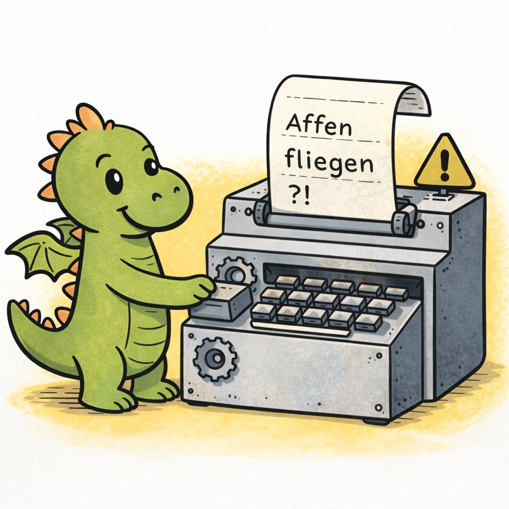 niedlicher Comic-Drache bedient Schreibmaschine, die den Satz schreibt "Affen fliegen ?!"