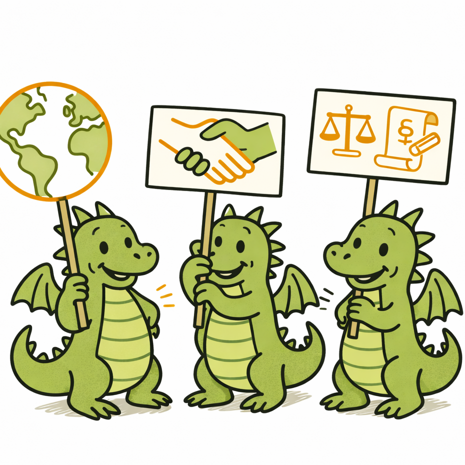 3 freundliche Comic-Drachen halten symbolhafte Schilder hoch: eine Erde für Klimaschutz, verbundene Hände für Solidarität und eine Wage mit Rechtssymbol für rechtliche Vorgaben