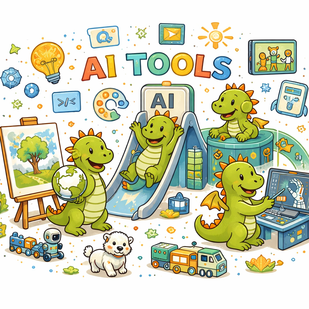 4 niedliche Comic-Drachen toben durch einen KI-Spielplatz mit Rutsche, Malecke, Tablet und vielen bunten Symbolen