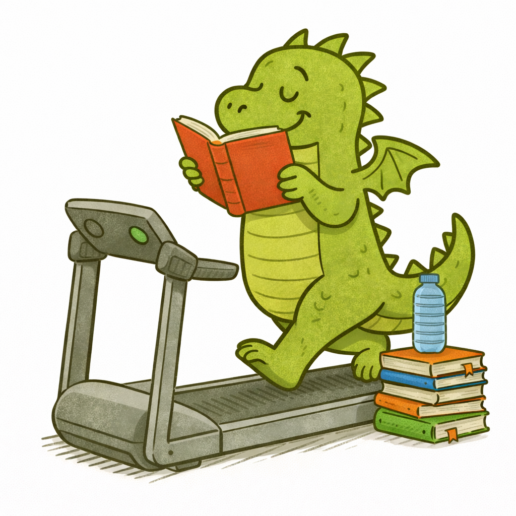 ein freundlicher Comic-Drache rennt auf einem Laufband und liest sich dabei durch einen Stapel Bücher