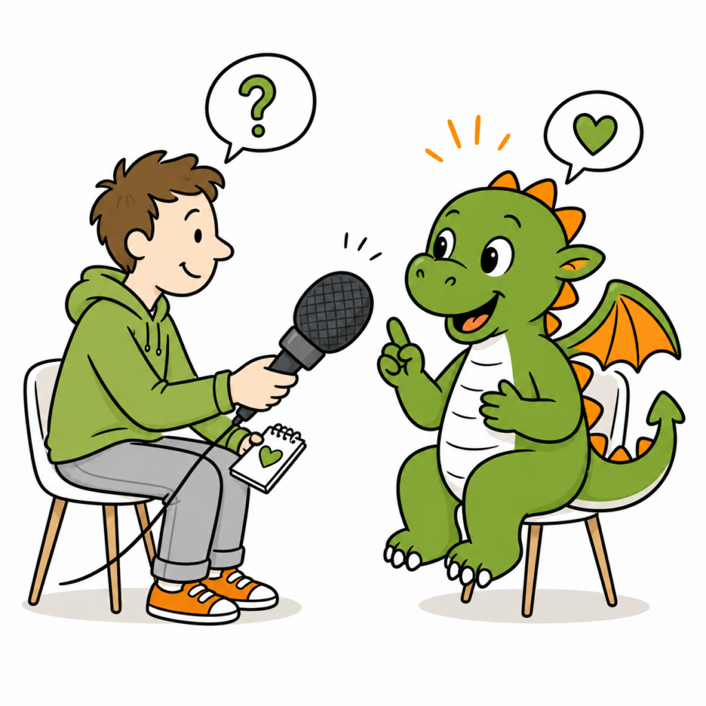 Ein Mensch interviewt einen Drachen
