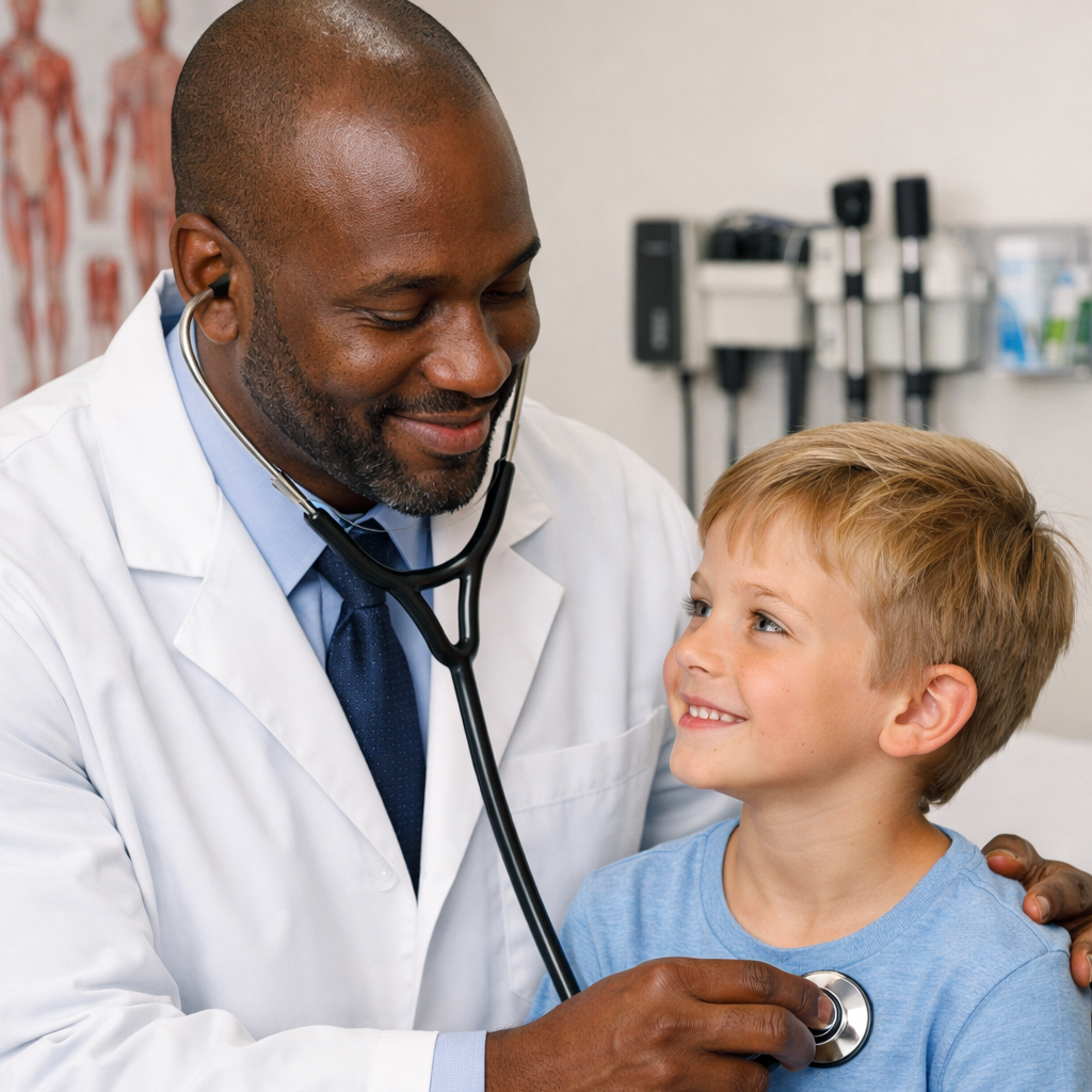ein schwarzer Arzt  behandelt ein weißes Kind