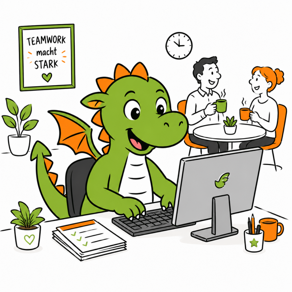 ein niedlicher Drache arbeitet fleißig am Computer, die Menschen trinken Kaffee mteinander