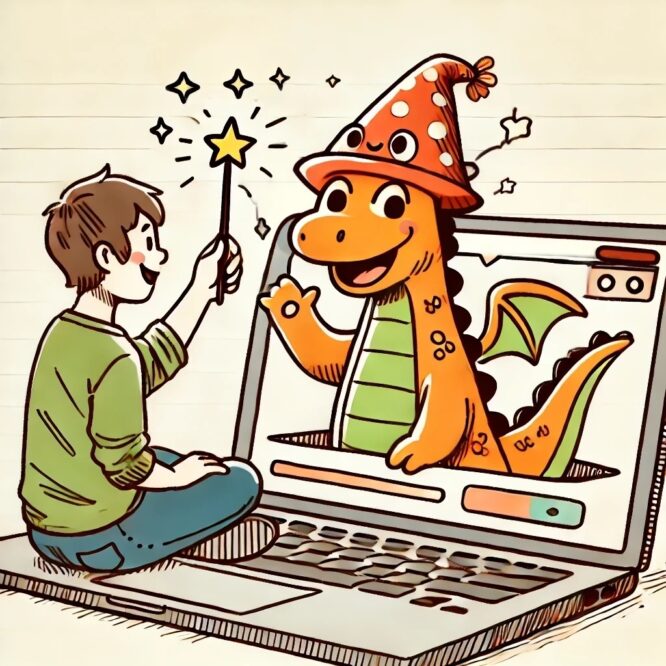 ein freundlicher Cartoon- Drache mit einem Zauberstab klettert aus einem Laptop