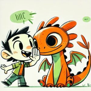 ein Mensch flüstert einem niedlichen Drachen etwas ins Ohr