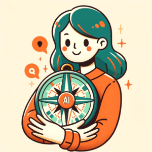 Illustration einer Frau mit einem übergroßen Kompass im Arm
