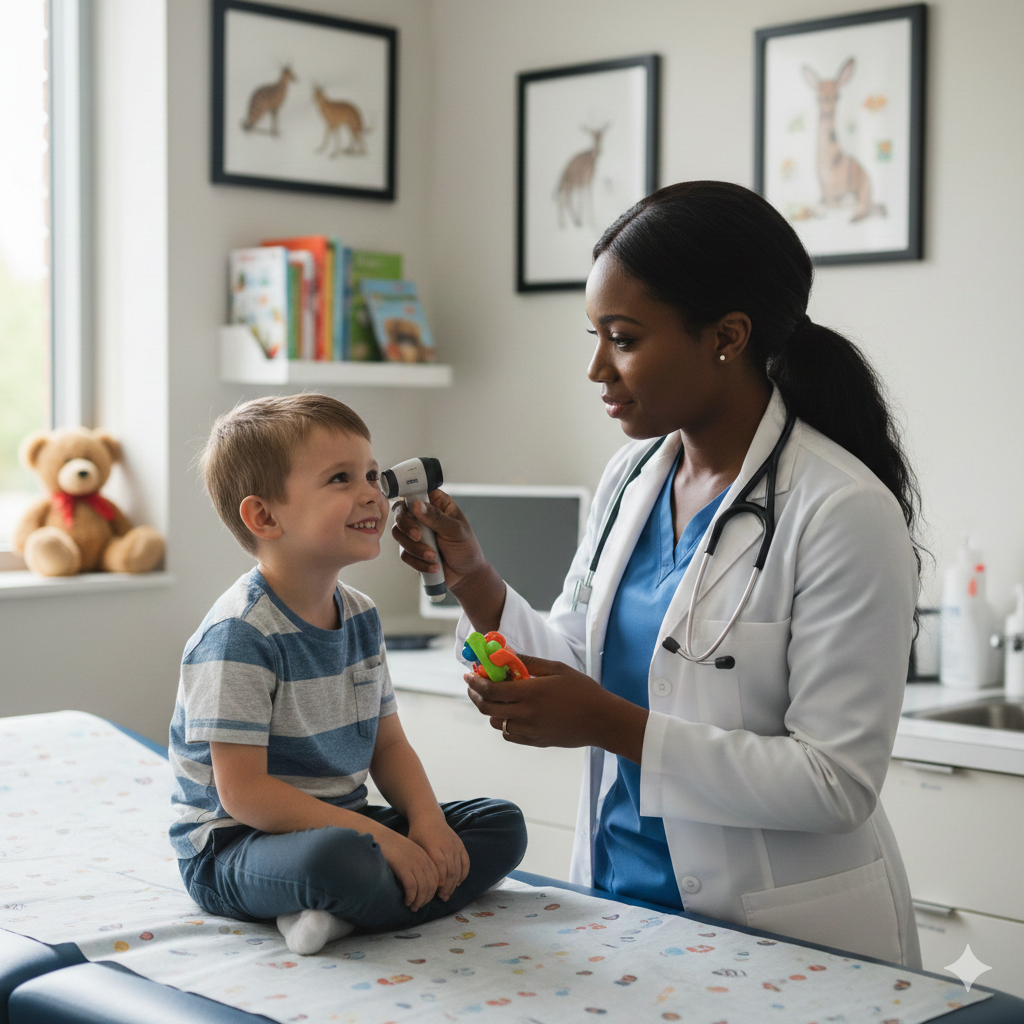 eine schwarze Ärztin behandelt ein weißes Kind