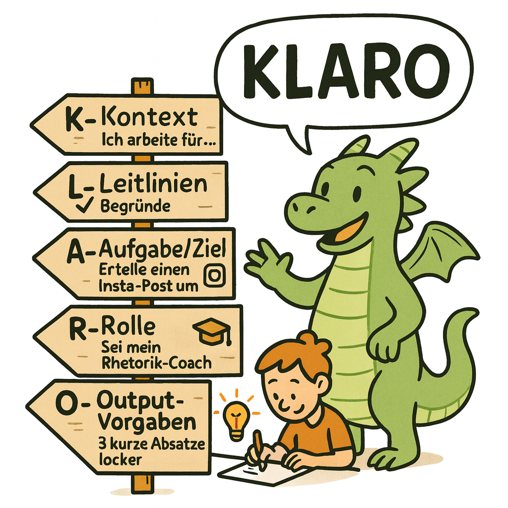 Ein freundlicher Comic-Drache erläutert das KLARO-Schema, das für Kontext, Leitlinien, Aufgabe und Ziel, Rolle und Output steht.