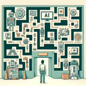 Illustration eines Menschen vor einem Labyrinth voller KI-Tools