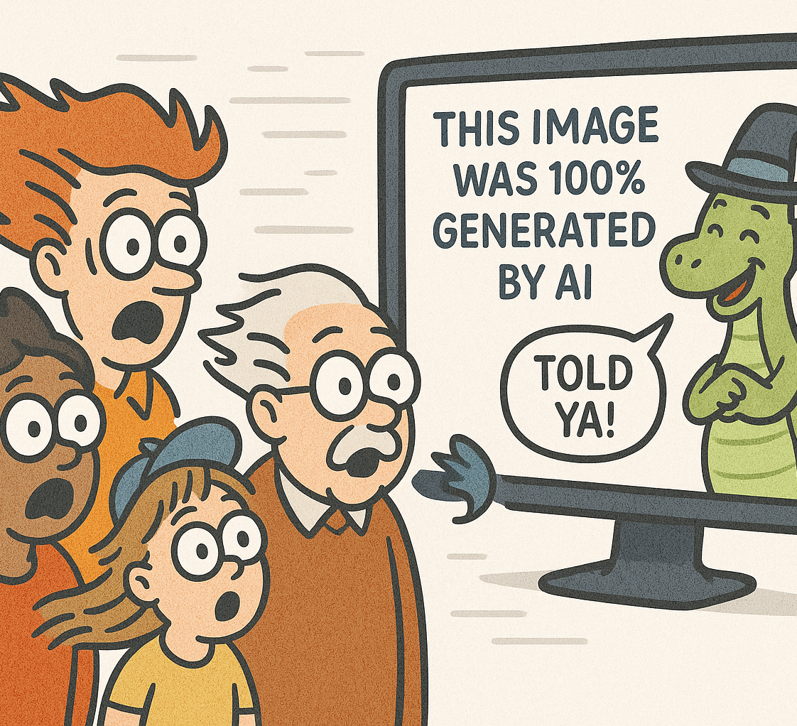 Vier Menschen schauen überrascht und sprachlos auf einen Monitor mit einem freundlichen Drachen der sagt: This image was 100% generated by AI