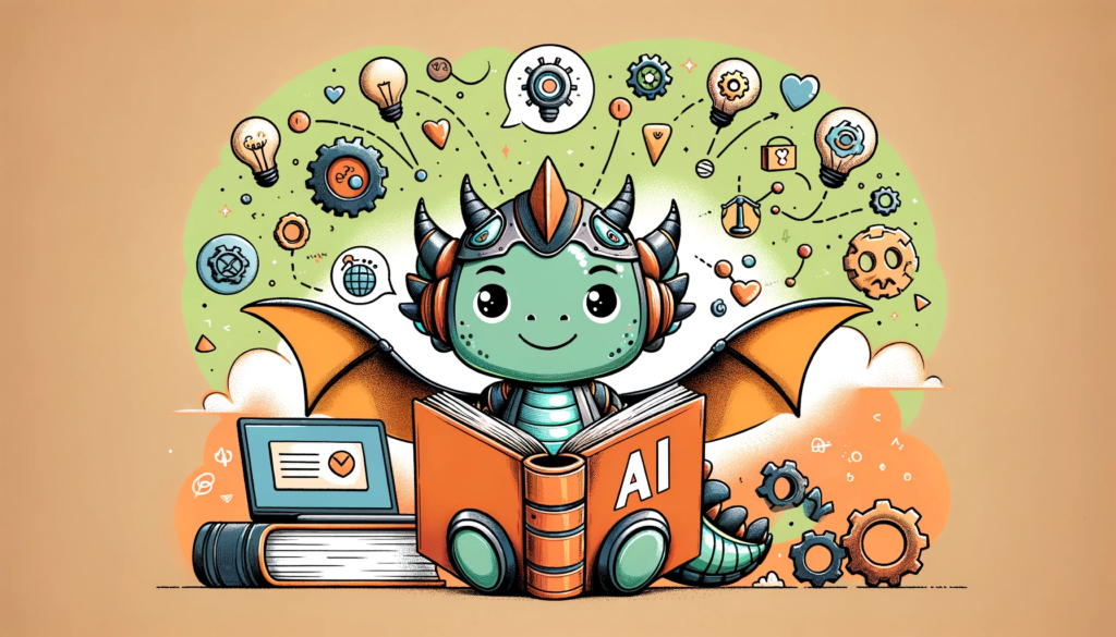 Ein Roboterdrache liest in einem Buch über Künstliche Intelligenz. Um ihn herum Symbole für Ideen und Wissen.