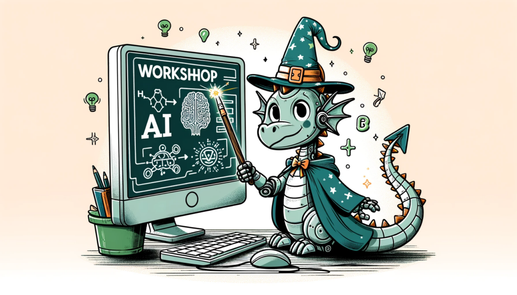 Illustration eines Roboterdrachens mit Zauberhut und Zauberstab vor einem Monitor mit der Inschrift Workshop AI