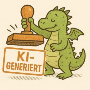 ein Drache der einen großen Stempel hält mit dem Aufdruck "ki-generiert"