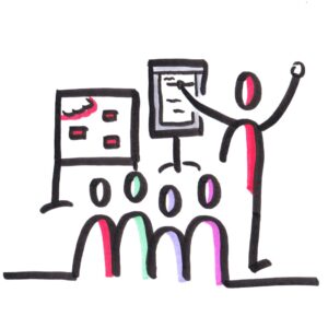 Ein Strich-Mensch steht begeistert vor einem Flipchart, vier bunte Menschen hören zu.