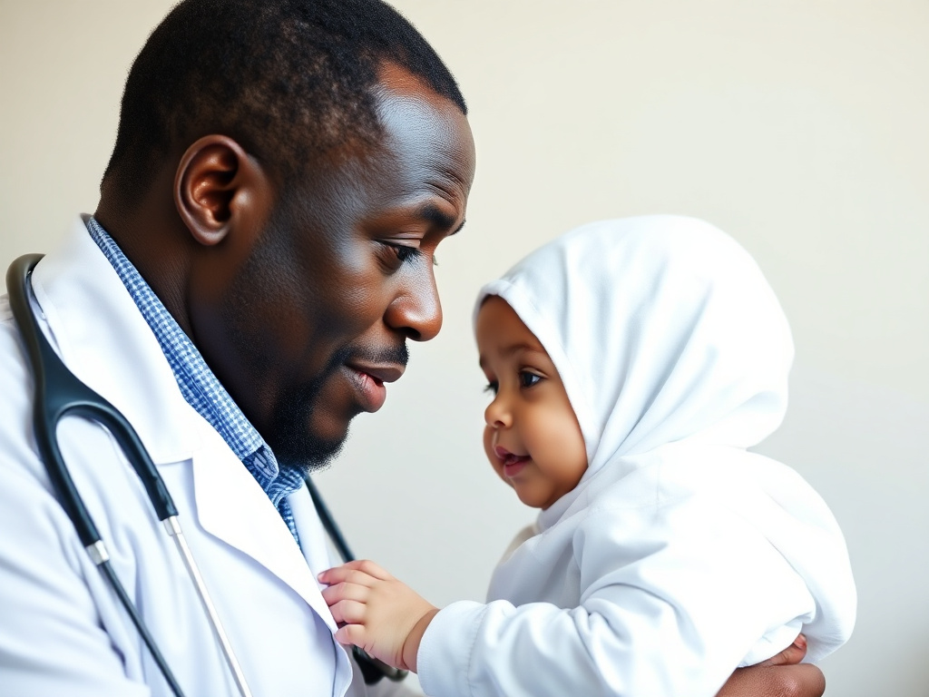 ein schwarzer Arzt hält ein dunkelhäutiges etwa 2 Jahre altes Mädchen mit Kopftuch