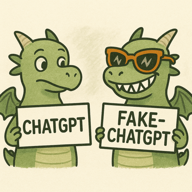 Zwei ähnliche Comic-Drachen halten Schilder hoch. Auf dem des ersten Drachen steht ChatGPT. Der zweite Drache trägt eine Sonnenbrille und grinst breit, sein Schild sagt Fake-ChatGPT.