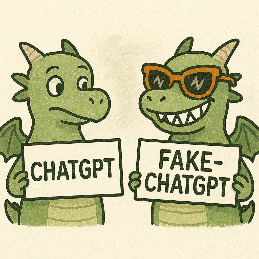 Zwei ähnliche Comic-Drachen halten Schilder hoch. Auf dem des ersten Drachen steht ChatGPT. Der zweite Drache trägt eine Sonnenbrille und grinst breit, sein Schild sagt Fake-ChatGPT.