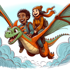 Zwei lachende Menschen fliegen auf einem Drachen 