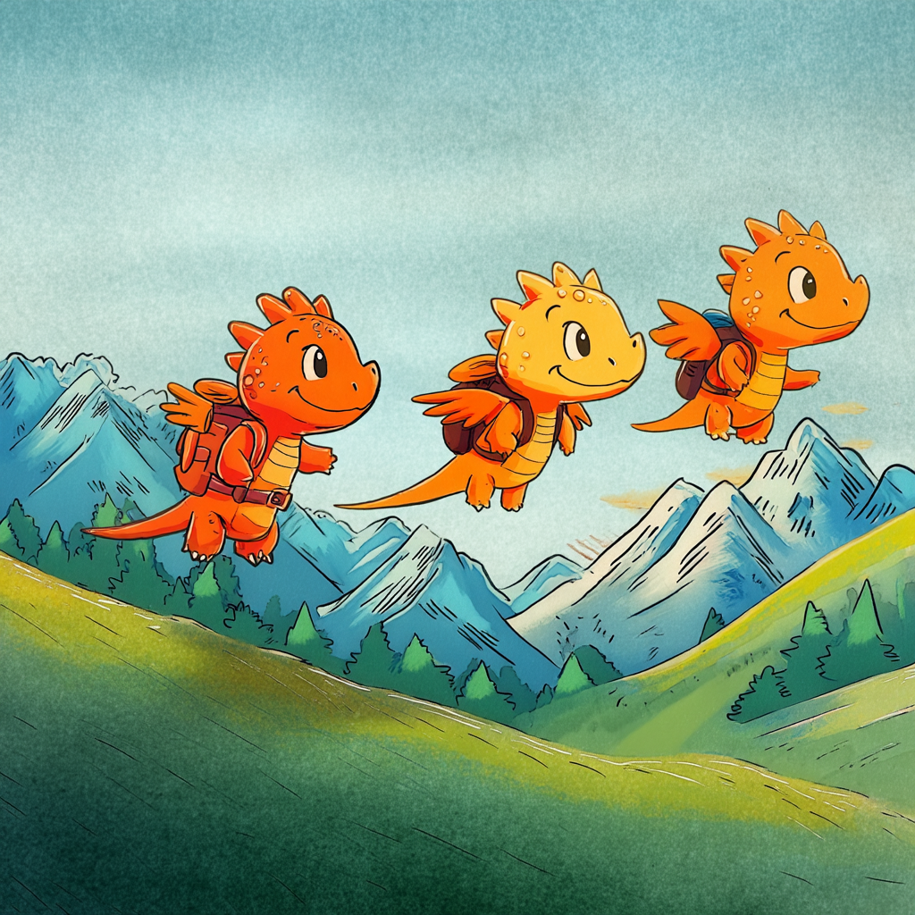 drei niedliche Babydrachen fliegen durch die Berge