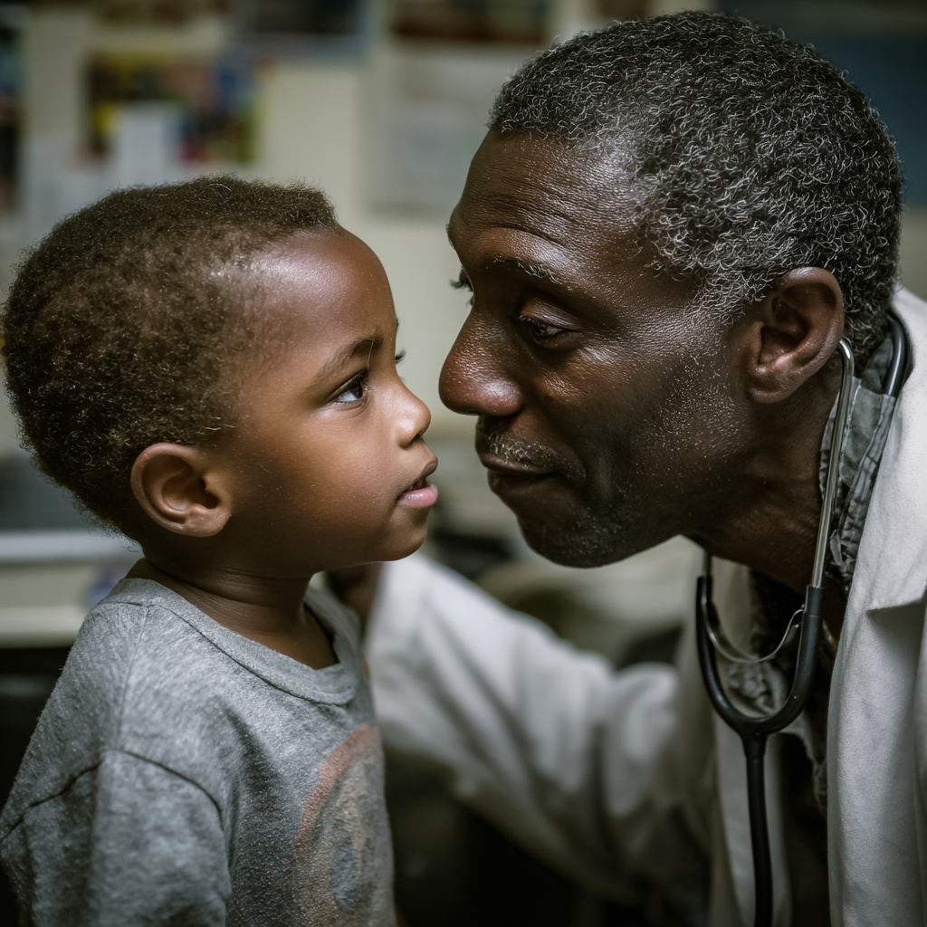 ein schwarzer Arzt behandelt ein schwarzes Kind
