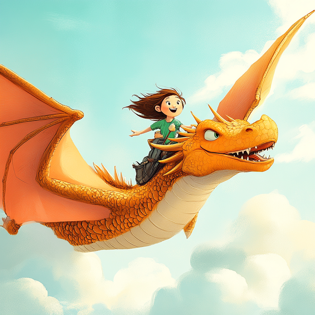 eine Zeichnung mit einer Frau, die mit freudiger Ausstrahlung auf Drachen fliegt